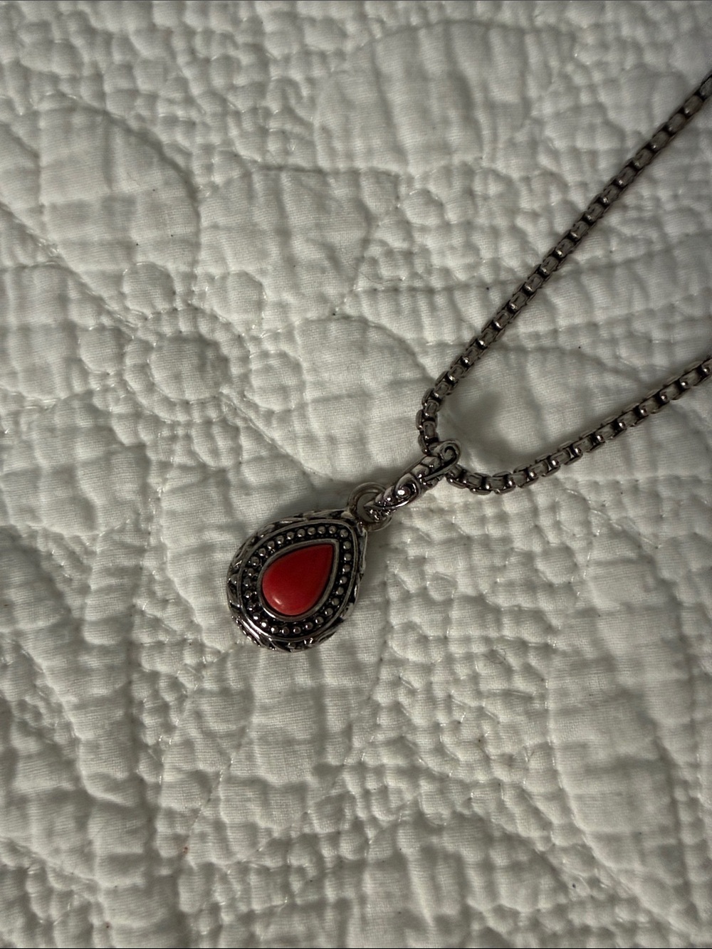 Premier Designs Silver Teardrop Pendant Necklace with Brick Red Stone 11”